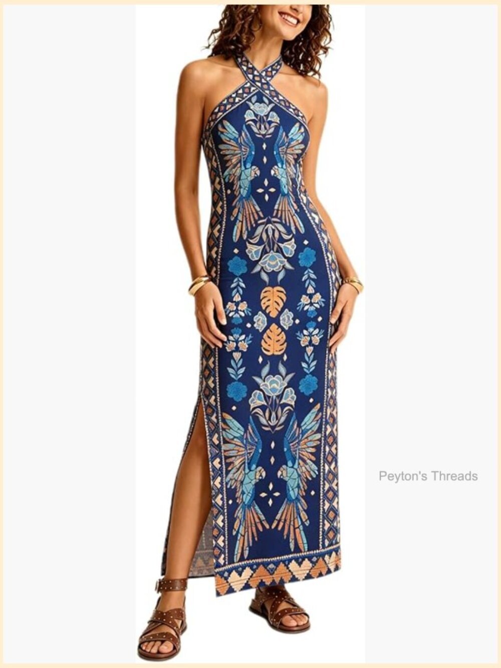 Sleeveless Boho Print Criss Cross Halter Neck Dress with Open Back Split
